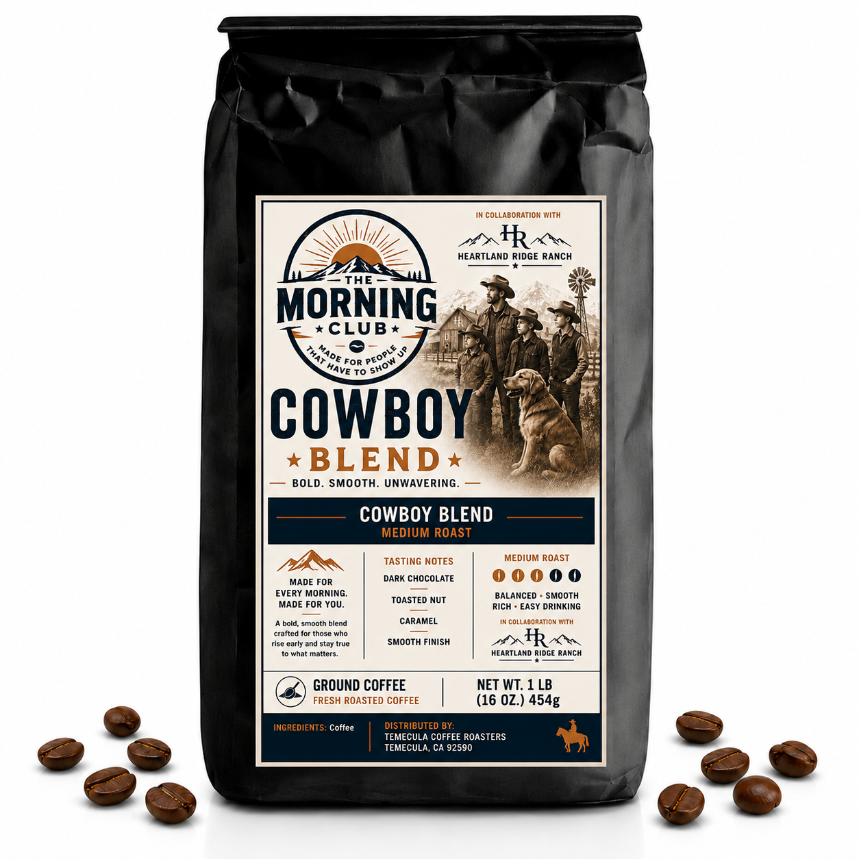 A 1 lb bag of The Morning Club Cowboy Blend medium roast coffee, featuring Heartland Ridge Ranch artwork on a white background with scattered coffee beans.