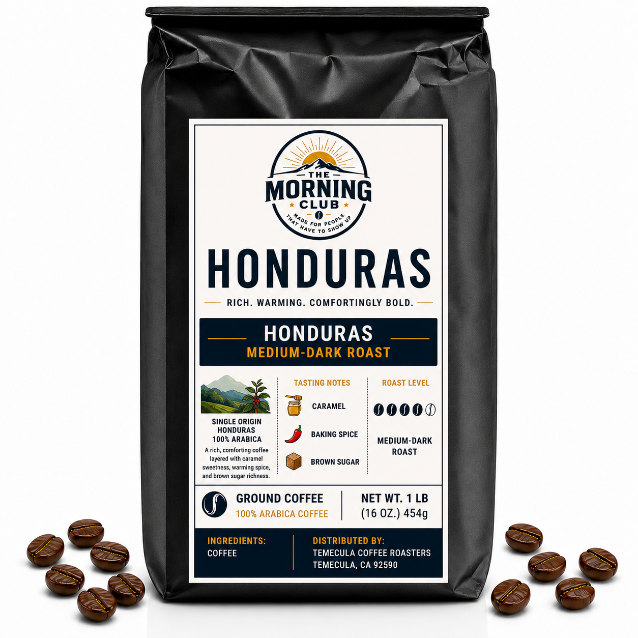 Morning Club Honduras medium-dark roast ground coffee bag with single-origin Honduras label and coffee beans on white background