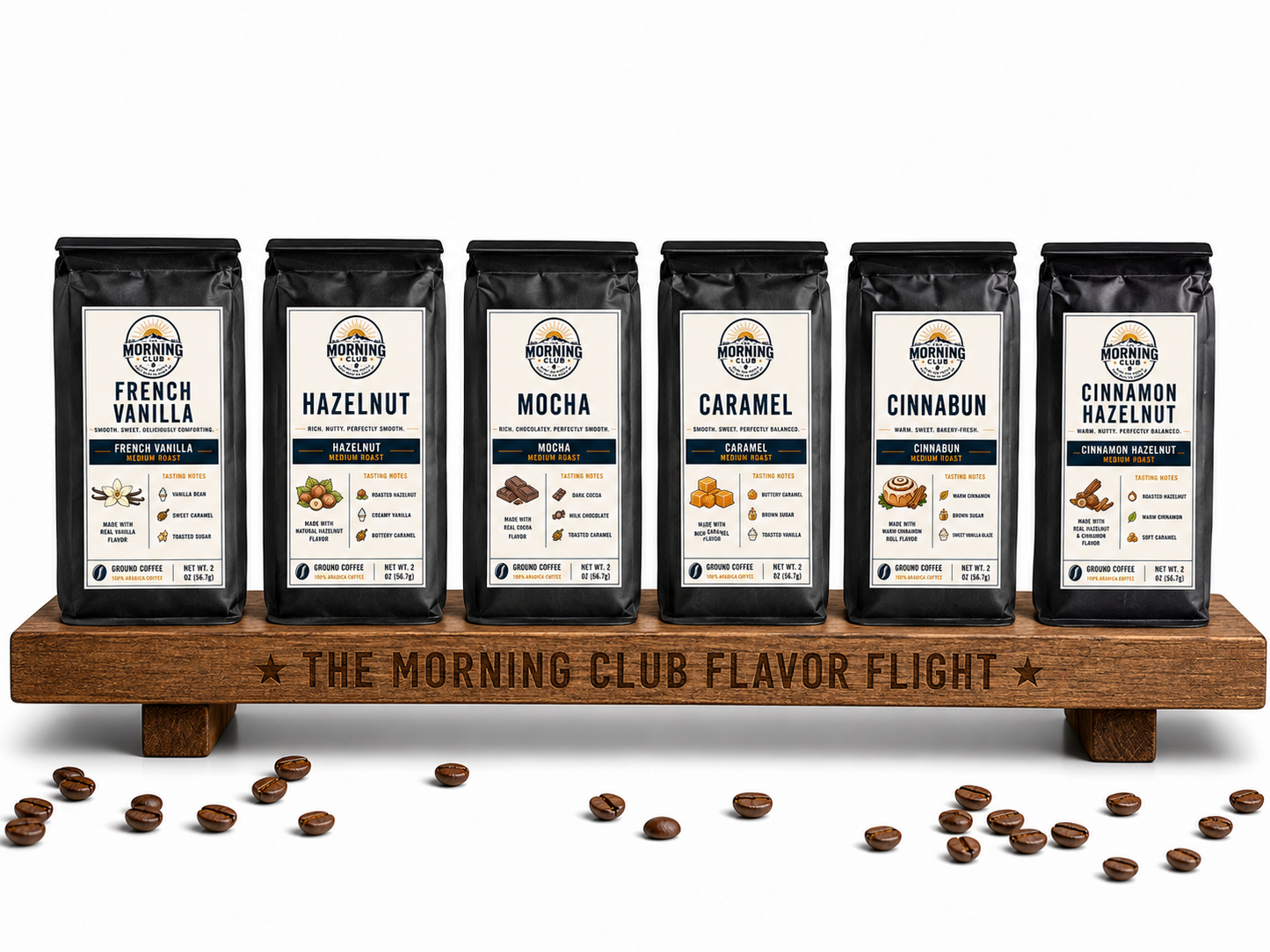 Morning Club Flavor Flight sample pack featuring six flavored coffees including French Vanilla, Hazelnut, Mocha, Caramel, Cinnabun, and Cinnamon Hazelnut on wooden display stand