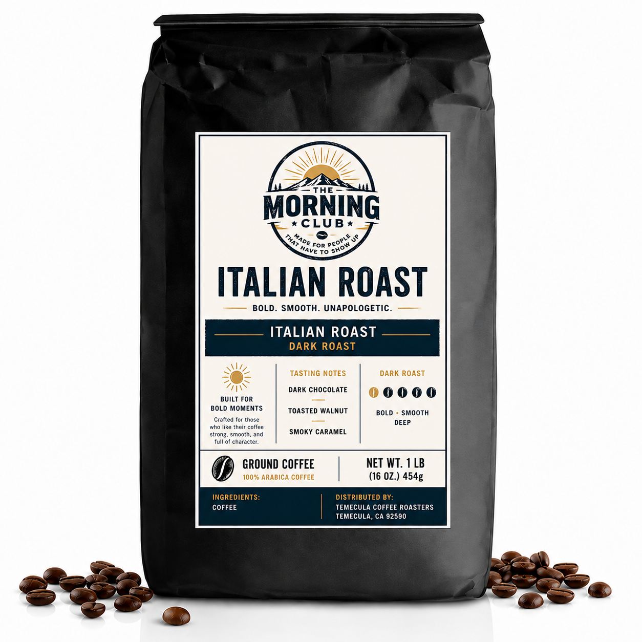 A 1 lb bag of Morning Club Italian Roast dark roast coffee, displayed on a white background with scattered coffee beans at its base.