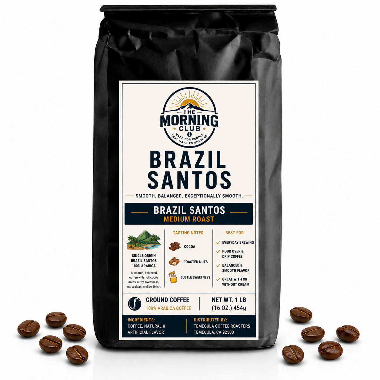 Morning Club Brazil Santos medium roast ground coffee bag with single-origin Brazil Santos label and coffee beans on white background