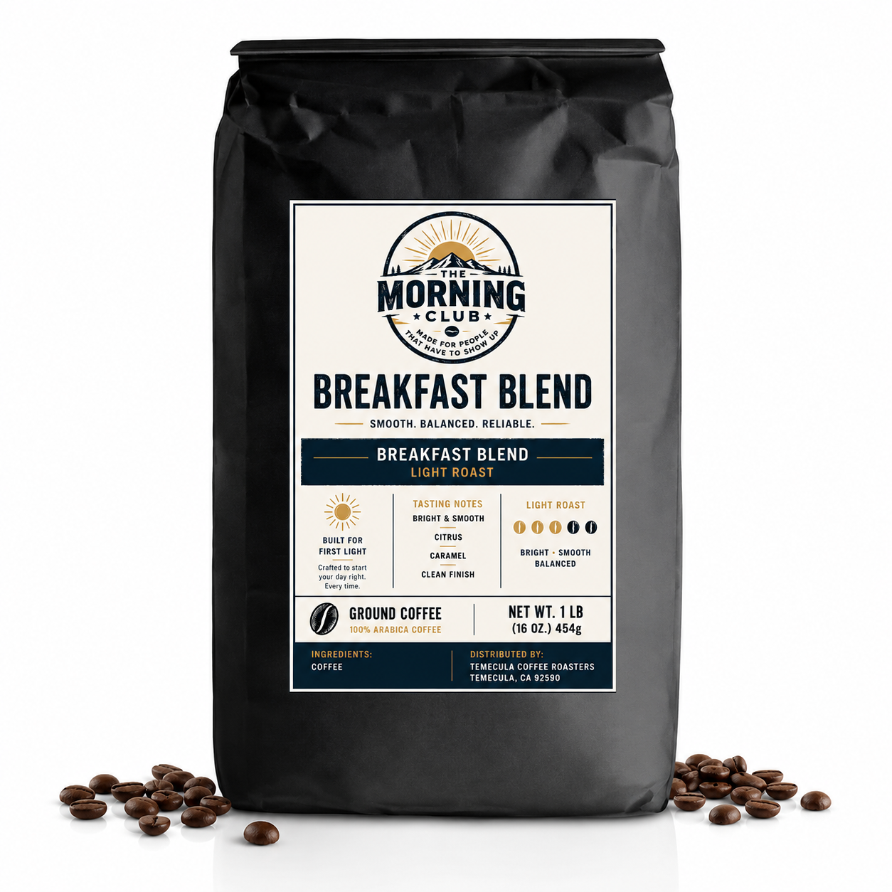 A 1 lb bag of Morning Club Breakfast Blend light roast coffee, displayed on a white background with scattered coffee beans at its base.