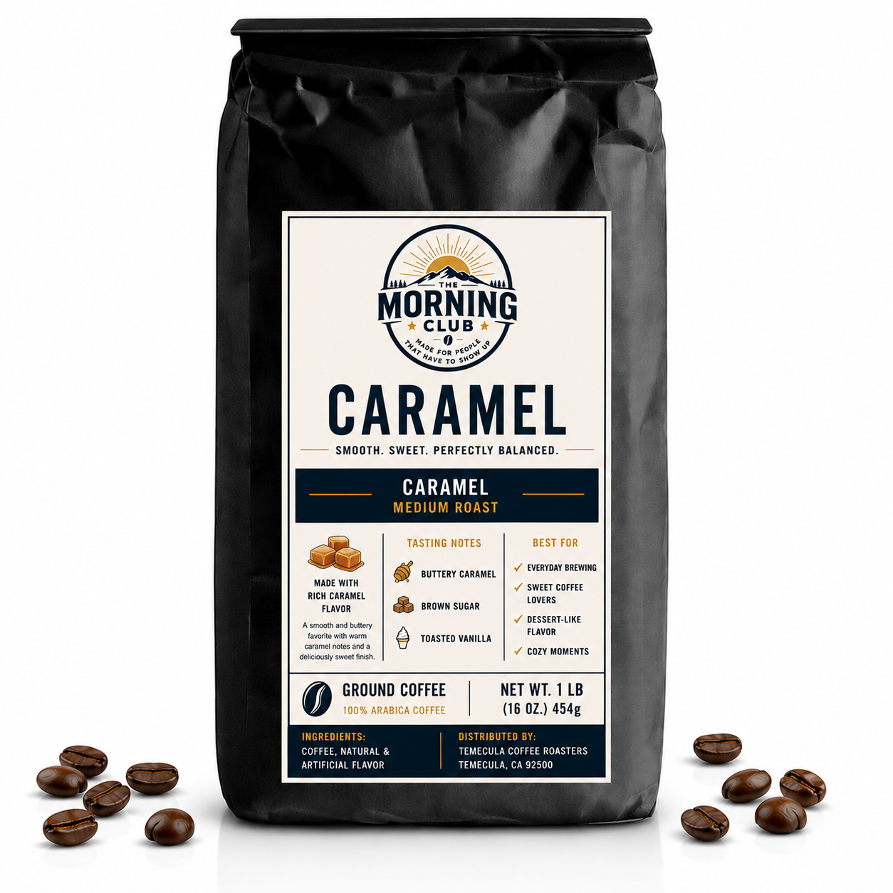 1 lb bag of Morning Club Caramel flavored medium roast ground coffee on a white background with scattered coffee beans.