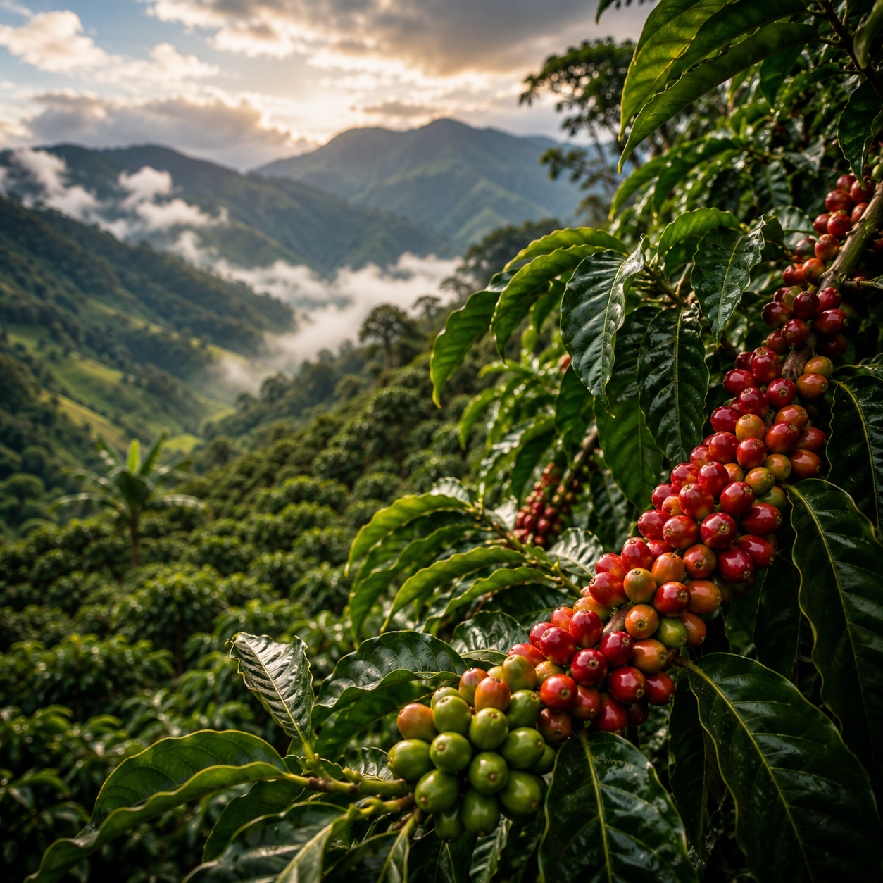 Ripe coffee cherries growing on coffee plants in a mountain farm showcasing Morning Club’s premium coffee bean sourcing