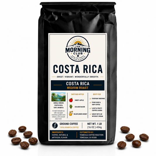 Morning Club Costa Rica medium roast ground coffee bag with single-origin Costa Rica label and coffee beans on white background