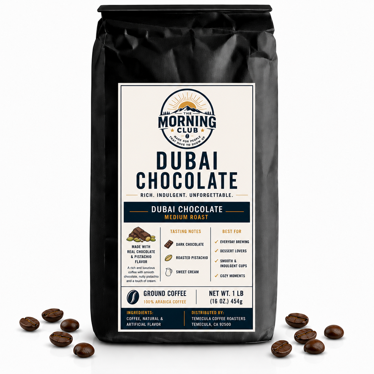 1 lb bag of Morning Club Dubai Chocolate flavored ground coffee on a white background with coffee beans scattered around the base