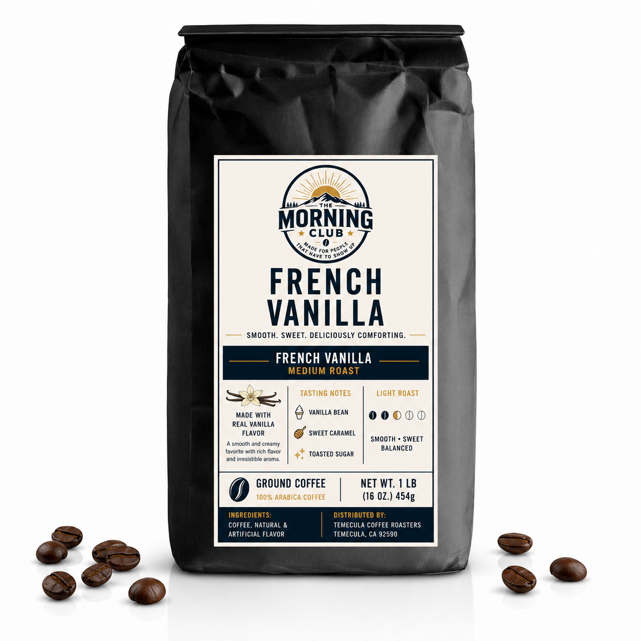 1 lb bag of Morning Club French Vanilla flavored coffee, medium roast ground coffee with smooth vanilla flavor on a white background with scattered coffee beans.