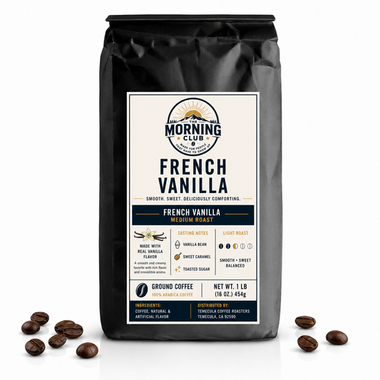1 lb bag of Morning Club French Vanilla flavored coffee, medium roast ground coffee with smooth vanilla flavor on a white background with scattered coffee beans.