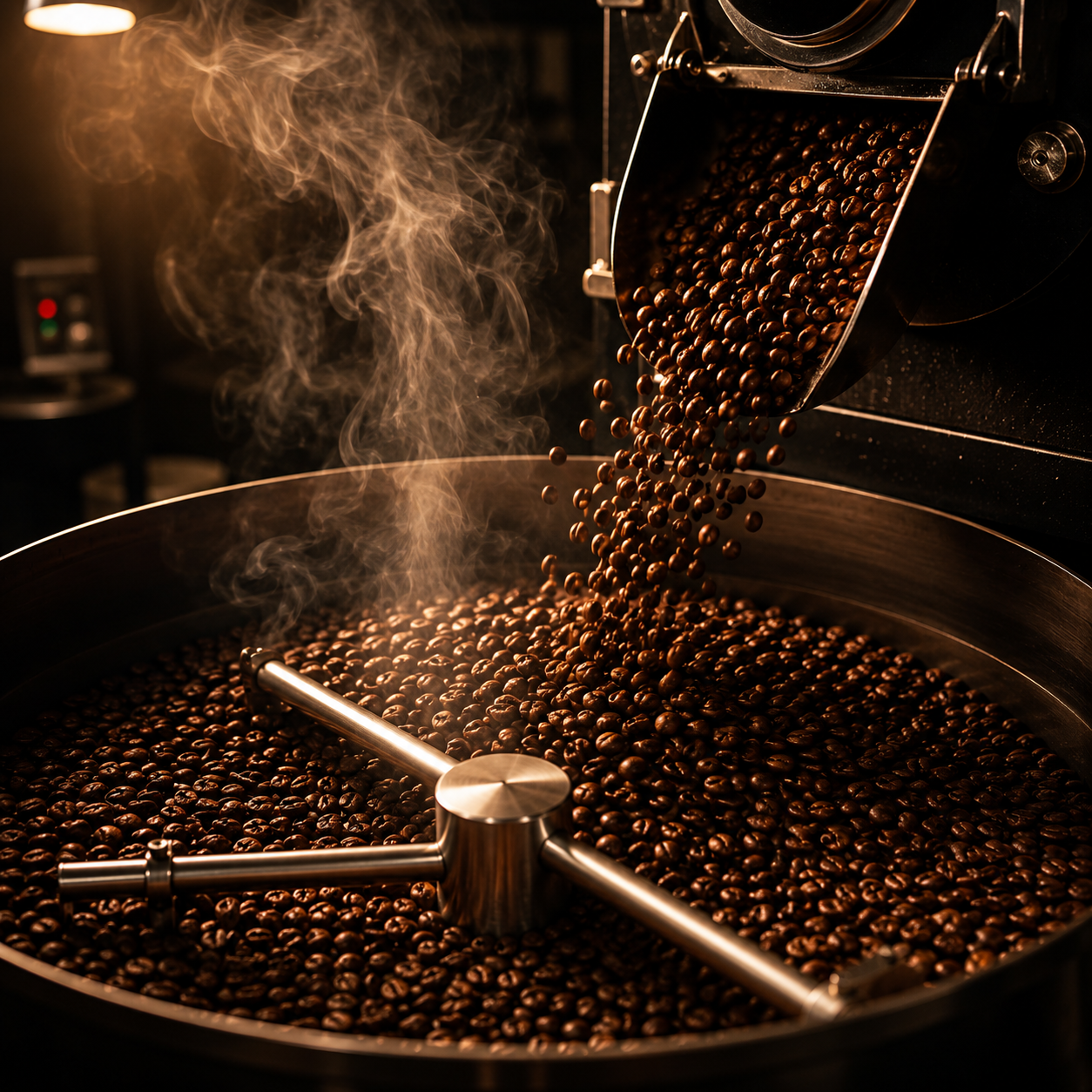 Fresh coffee beans roasting in a commercial roaster with steam rising during Morning Club small-batch roasting process