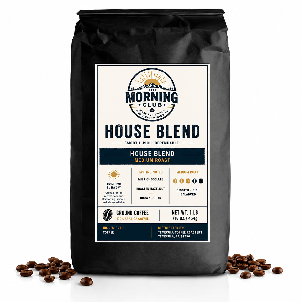 A 1 lb bag of Morning Club House Blend medium roast coffee, displayed on a white background with scattered coffee beans at its base.