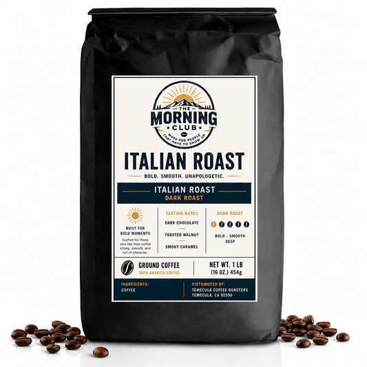 A 1 lb bag of Morning Club Italian Roast dark roast coffee, displayed on a white background with scattered coffee beans at its base.