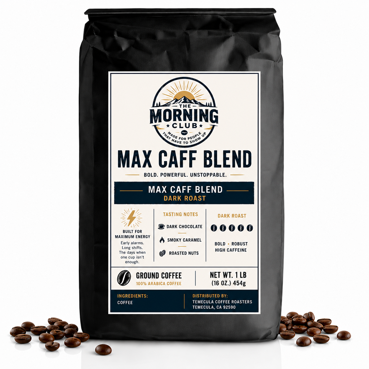 A 1 lb bag of Morning Club Max Caff Blend high caffeine dark roast coffee, displayed on a white background with scattered coffee beans at its base.