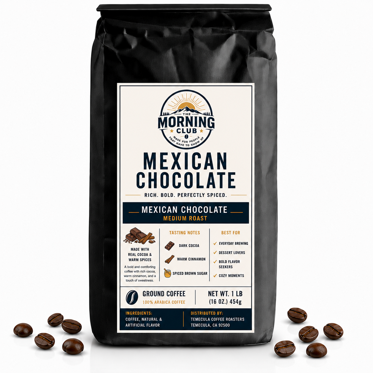 1 lb bag of Morning Club Mexican Chocolate flavored ground coffee on a white background with coffee beans scattered around the base