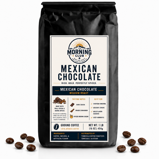 1 lb bag of Morning Club Mexican Chocolate flavored ground coffee on a white background with coffee beans scattered around the base