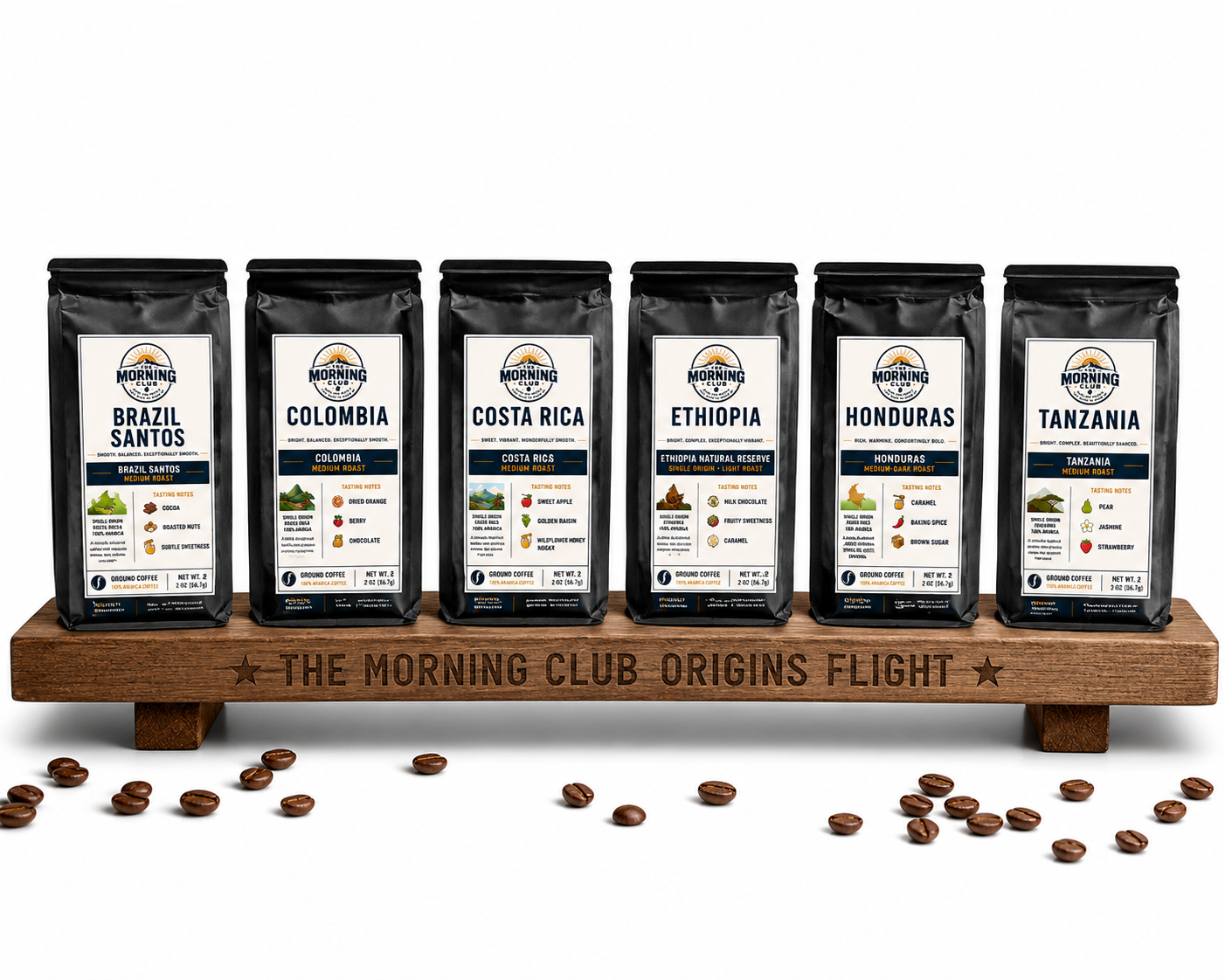 Morning Club Origins Flight coffee sampler featuring six single-origin coffees from Brazil, Colombia, Costa Rica, Ethiopia, Honduras, and Tanzania