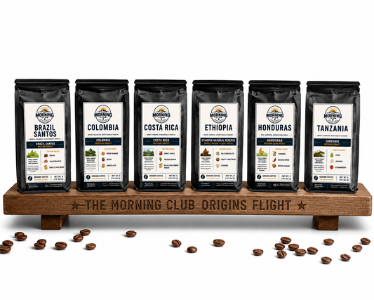 Morning Club Origins Flight coffee sampler featuring six single-origin coffees from Brazil, Colombia, Costa Rica, Ethiopia, Honduras, and Tanzania