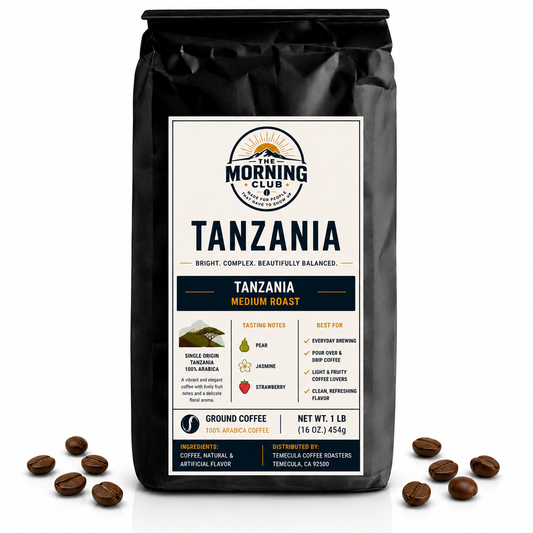 Morning Club Tanzania medium roast ground coffee bag with single-origin Tanzania label and coffee beans on white background