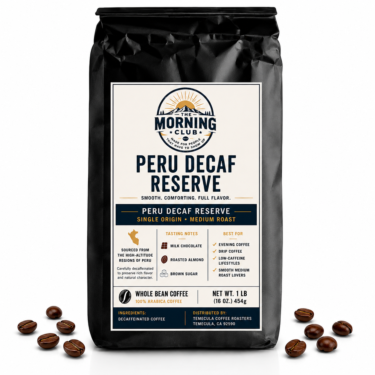 A 1 lb bag of The Morning Club Peru Decaf Reserve single-origin decaf coffee displayed on a white background with scattered coffee beans.