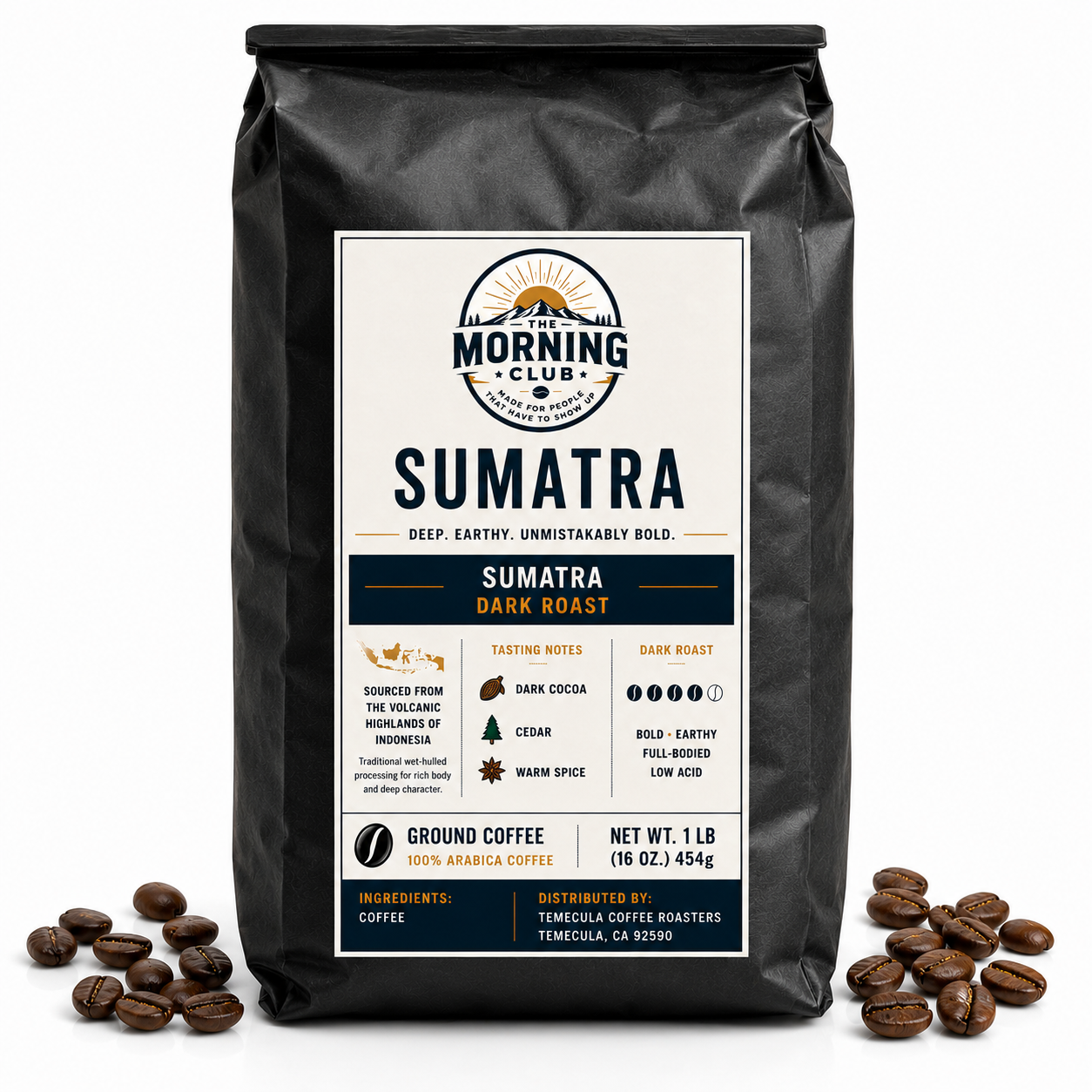 A 1 lb bag of The Morning Club Sumatra dark roast coffee displayed on a white background with scattered coffee beans.